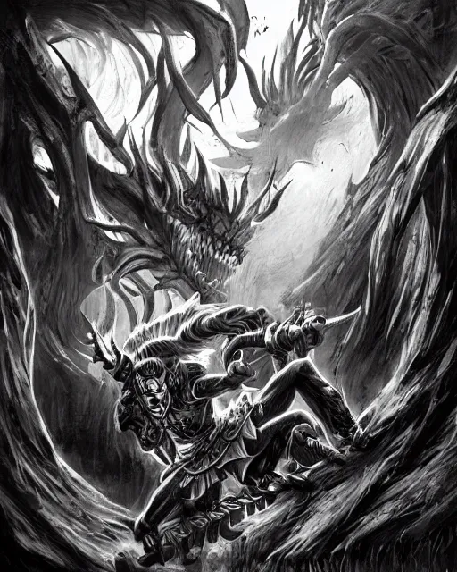 Image similar to A d&d mimic leaving a chest, black and white, fantasy art, monster art, in the style of masami kurumada, illustration, epic, fantasy, intricate, hyper detailed, artstation, concept art, smooth, sharp focus, ray tracing