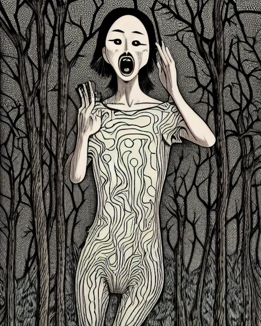 Image similar to in the style of junji ito, audrey kawasaki, shinsui ito, transparent ghost screaming, full body, in the woods, moody lighting