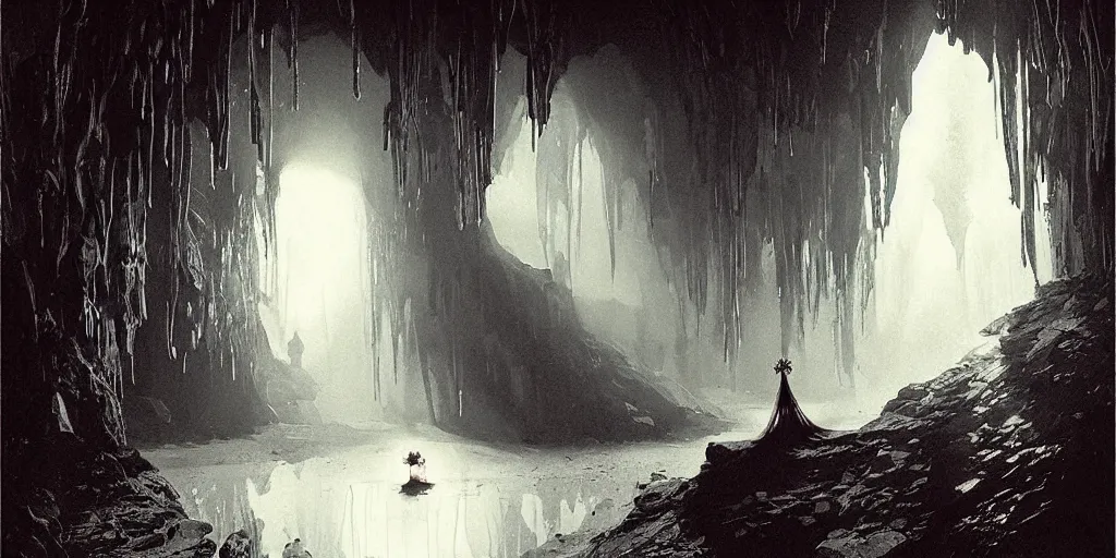 Image similar to a dead girl dressed as a bride lying in a dark cave bridal crown. radiant light, detailed and intricate environment, digital art, trending on art station kvlt by peder balke by peder balke by greg rutkowski, by guido crepax by norman bluhm by greg rutkowski mystic high contrast monochromatic noir