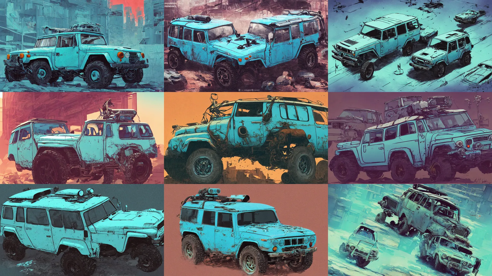 Image similar to digital illustration of a futuristic faded cyan mad max's fj 4 0 decrepit!!!! pursuit special, rusty!!! cyberpunk nissan fj cruiser heavily modded 1 9 9 0 s, the last v 8 interceptor by makoto shinkai, ilya kuvshinov, lois van baarle, rossdraws, basquiat