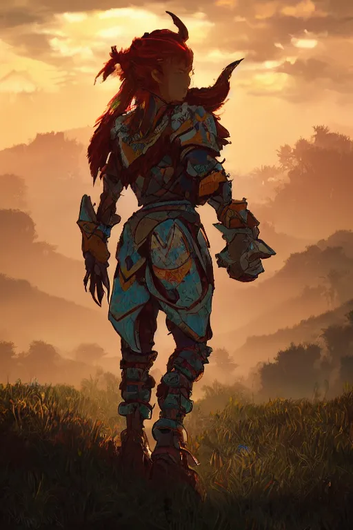 Image similar to combination suit armor aloy horizon forbidden west horizon zero dawn radiating a glowing aura global illumination ray tracing hdr fanart arstation by ian pesty and alena aenami artworks in 4 k tribal robot ninja mask helmet backpack