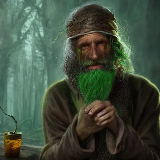 Prompt: realistic a human hobo druid with green magic around, fantasy book, d & d, high detail, 8 k, octane render painting, dark fantasy