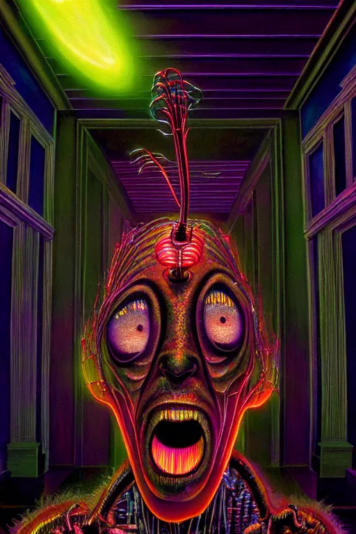 Image similar to a hyperrealistic painting of an electricity creature specter in the mansions lobby, cinematic horror by chris cunningham, lisa frank, richard corben, highly detailed, vivid color,