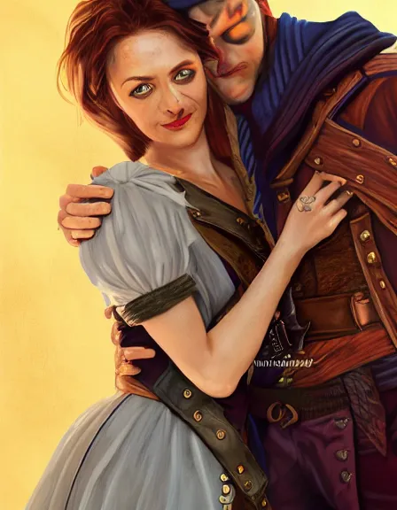 Prompt: couple in love. fully clothed armed female pirate captain, rachel wall, with a male pirate partner, sun, summer, blue eyes, beauty, wisdom, love, strength, knowledge, smart, portrait, symmetrical, highly detailed, digital painting, artstation, smooth, sharp focus, illustration, strength, art nouveau. 8 k