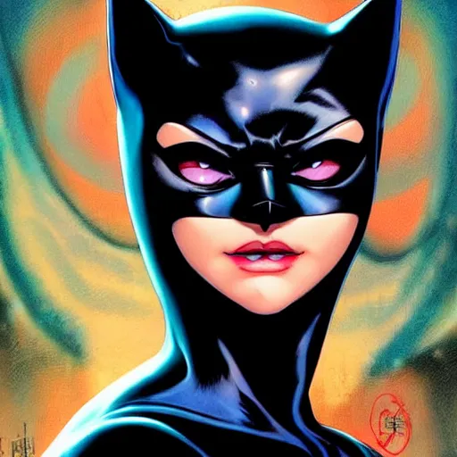 Image similar to prompt : portrait of cat women from batman soft light painted by james jean and katsuhiro otomo and erik jones, inspired by akira anime, smooth face feature, intricate oil painting, high detail illustration, sharp high detail, manga and anime 1 9 9 9