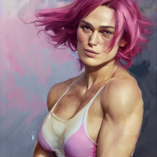 Image similar to greg manchess portrait painting of confident keira knightley with pink hair as beautiful thick muscular female bodybuilder zarya from overwatch, medium shot, asymmetrical, profile picture, organic painting, sunny day, matte painting, bold shapes, hard edges, street art, trending on artstation, by huang guangjian and gil elvgren and sachin teng