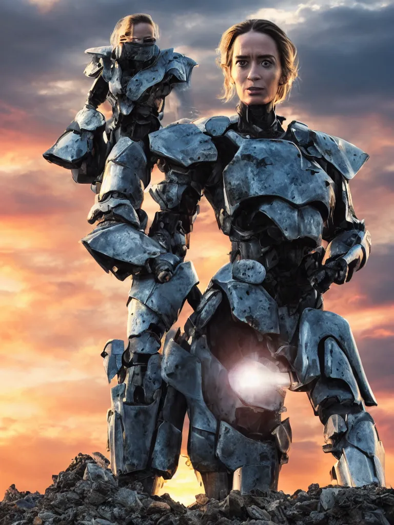 Image similar to emily blunt in futuristic power armor, close up portrait, solitary figure standing atop a pile of rubble, holding a sword on her shoulder, sunset and big clouds behind her