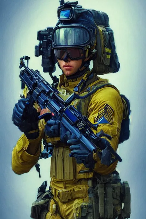 Image similar to a special forces unit soldier modern technology, blue and yellow shoulder patch, realistic portrait full body, symmetrical, highly detailed, digital painting, artstation, concept art, smooth, sharp focus, illustration, cinematic lighting, art by artgerm and greg rutkowski and alphonse mucha