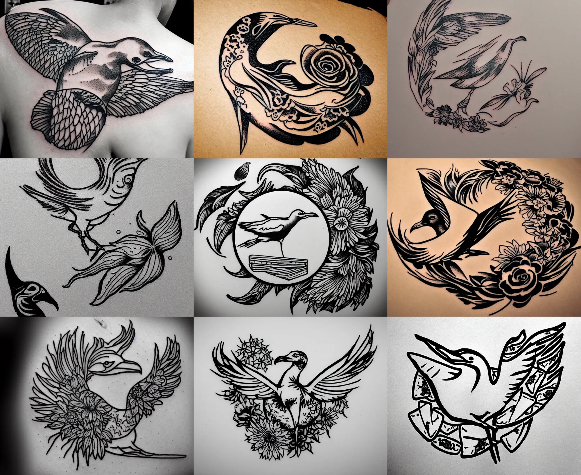 Image similar to detailed amazing tattoo stencil of a floral seagull eating a chip