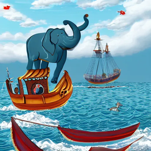 Prompt: a giant elephant walking at sea while a fleet of pirate ships pass by, Digital art, 4k