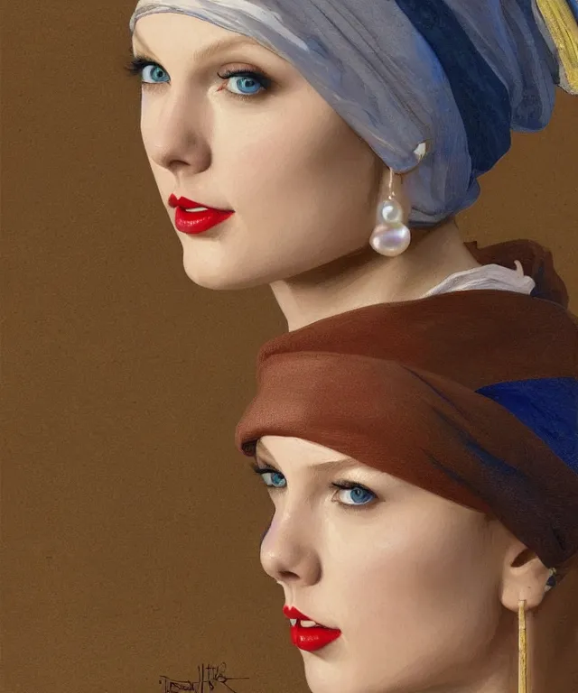 Image similar to Taylor Swift as the girl with the pearl earring, highly detailed, digital painting, artstation, concept art, smooth, sharp focus, illustration, ArtStation, art by artgerm and greg rutkowski and alphonse mucha and J. C. Leyendecker and Edmund Blair Leighton and Katsuhiro Otomo and Geof Darrow and Phil hale and Ashley wood and Ilya repin and Charlie Bowater