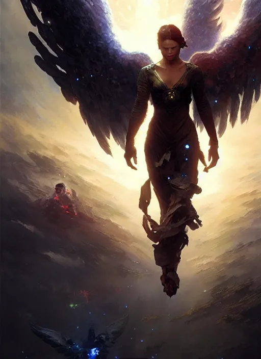 Image similar to 4k Angel coming down to save humanity , art by greg rutkowski, art by craig mullins, art by thomas kincade, art by Yoshitaka Amano