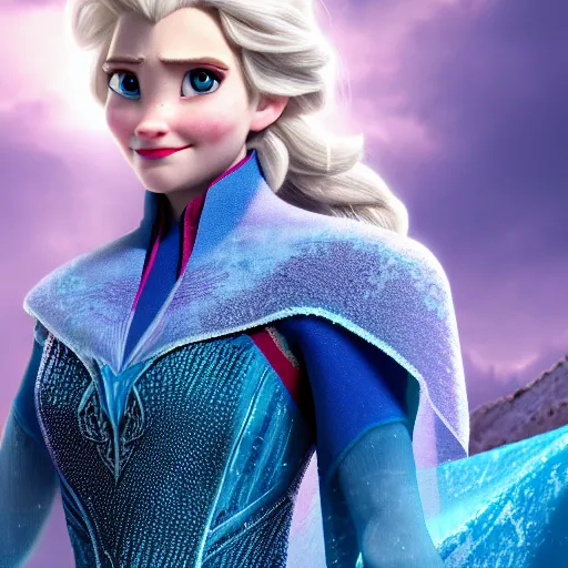 Prompt: newest avenger Elsa from frozen, promo photo, hyper detailed, octane render, 4k, dramatic, cinematic lighting