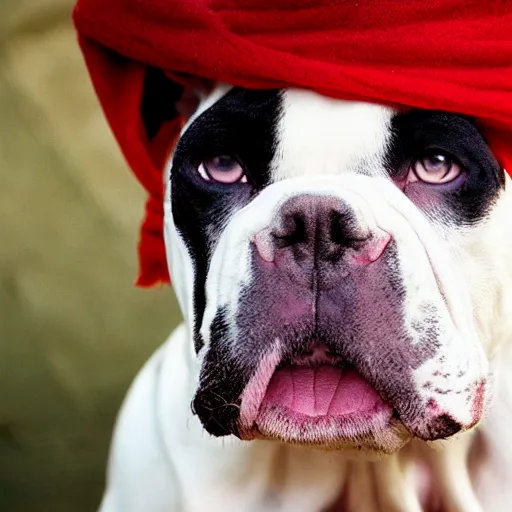 Image similar to portrait of american bulldog as afghan girl, green eyes and red scarf looking intently, photograph by steve mccurry, national geographic