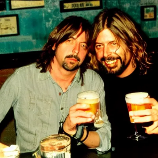 Prompt: Photo of Kurt Cobain and Dave Grohl drinking pints in a bar