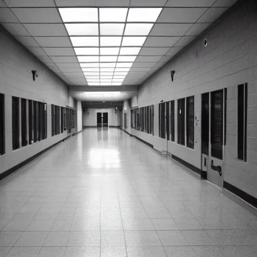 Prompt: empty school hallway, liminal space photograph