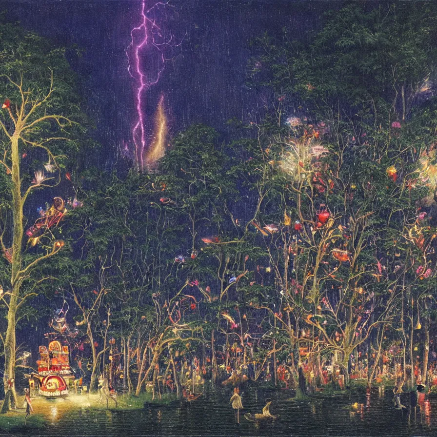 Prompt: closeup of a night carnival around a magical in a summer storm, tree cavity with a music scenario with many fireworks and christmas lights, next to a lake with iridiscent lake water, volumetric lightning, folklore people disguised with fantastic creatures in a magical forest by summer night, masterpiece painted by paul gustav fischer, scene by dark night environment, refraction lights, five star stories