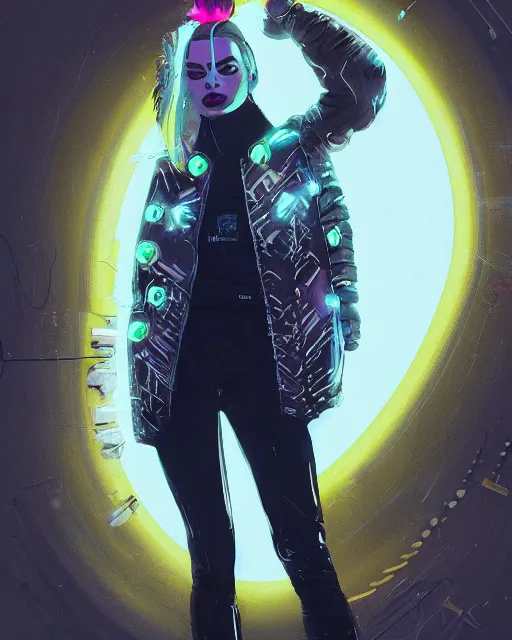 Image similar to detailed margot robbie portrait neon operator girl cyberpunk futuristic neon reflective puffy coat, decorated with traditional japanese ornaments by ismail inceoglu dragan bibin hans thoma greg rutkowski alexandros pyromallis nekro rene margitte illustrated perfect face, fine details, realistic shaded, fine - face, pretty face