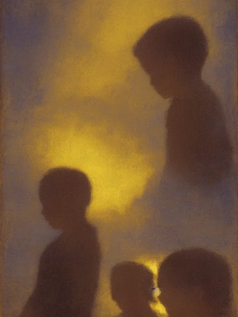 Prompt: backlit portrait of 2 kids at night, by odilon redon, high definition, intricate details, atmospheric, vegetation, small town