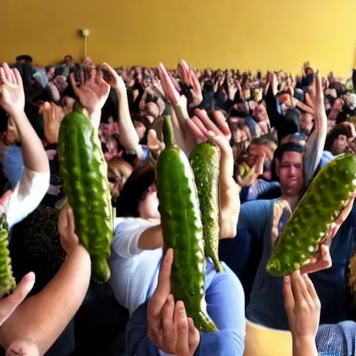 Image similar to a crowd of people worshipping a pickle