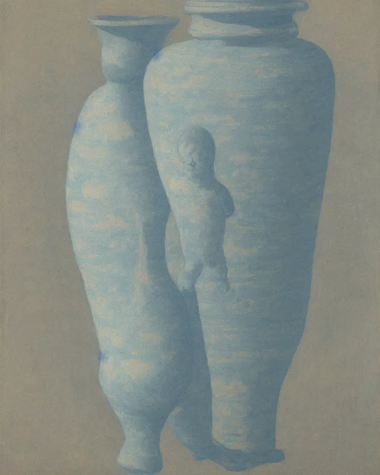 Image similar to achingly beautiful print of intricately painted ancient greek amphora on baby blue background by rene magritte, monet, and turner.