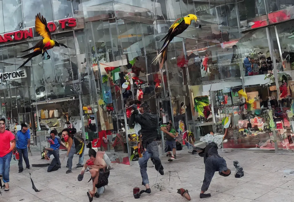 Prompt: parrot assassins attacking people inside a shopping center