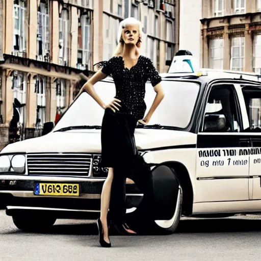 Prompt: beautiful blonde model standing in front of a german taxi, vogue magazine editorial, highly detailed