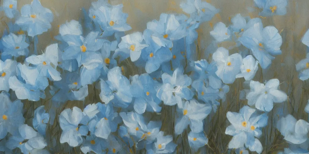 Image similar to light blue flowers at the bottom of the painting, white background, matte painting
