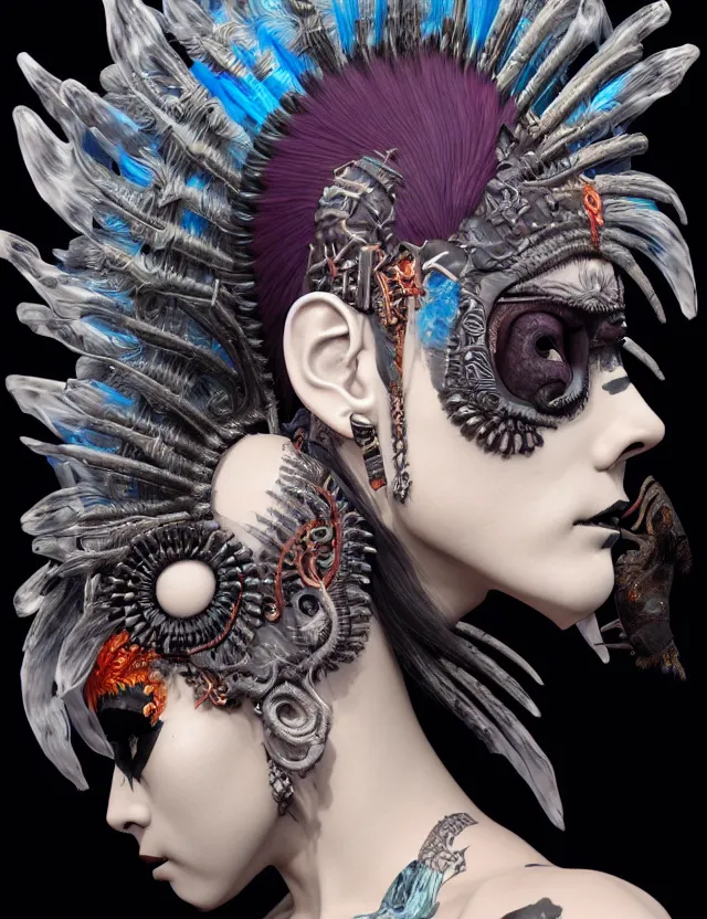 Image similar to 3 d goddess close - up profile portrait punk with mohawk with ram skull. beautiful intricately detailed japanese crow kitsune mask and clasical japanese kimono. betta fish, jellyfish phoenix, bio luminescent, plasma, ice, water, wind, creature, artwork by tooth wu and wlop and beeple and greg rutkowski