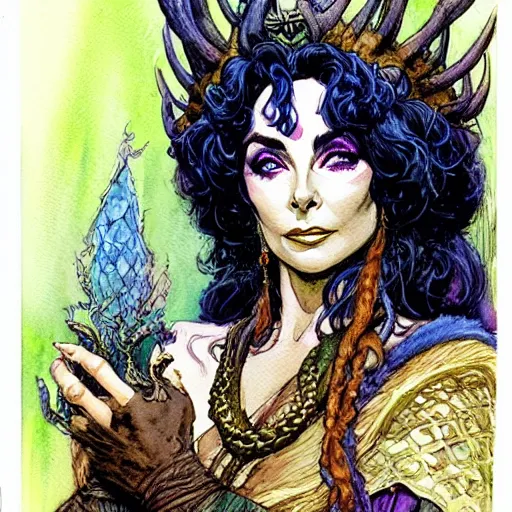 Image similar to a realistic and atmospheric watercolour fantasy character concept art portrait of elizabeth taylor as a druidic warrior wizard looking at the camera with an intelligent gaze by rebecca guay, michael kaluta, charles vess and jean moebius giraud