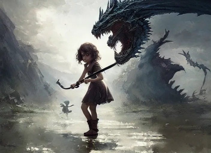 Prompt: a cute little girl with curly brown hair holding a sword faces off against a baby dragon, beautiful fantasy art by greg rutkowski.