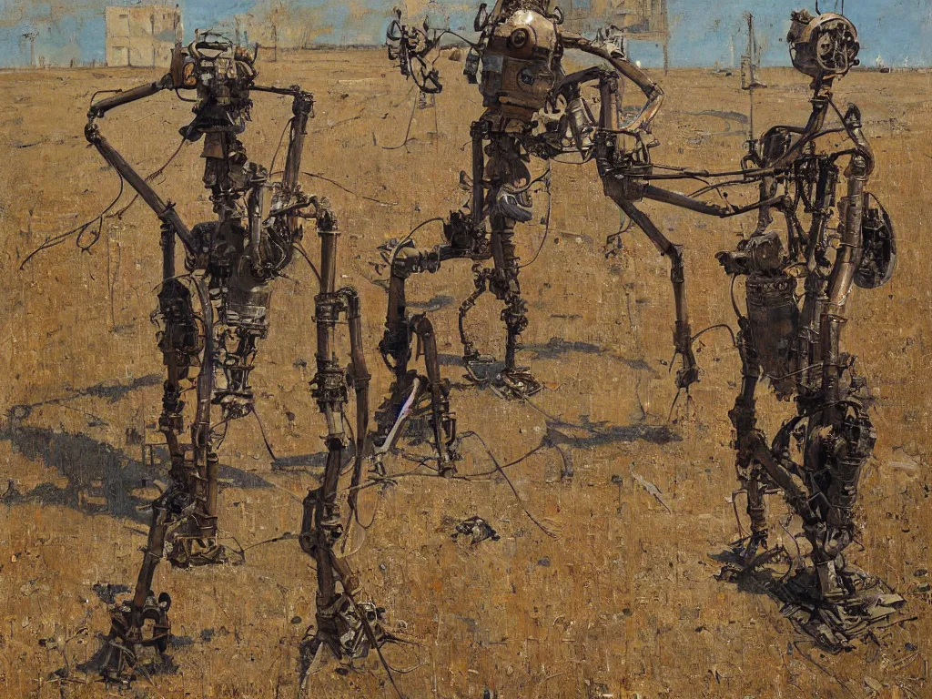 Image similar to rusty old robot standing, heatwave, Denis sarazhin, oil on canvas