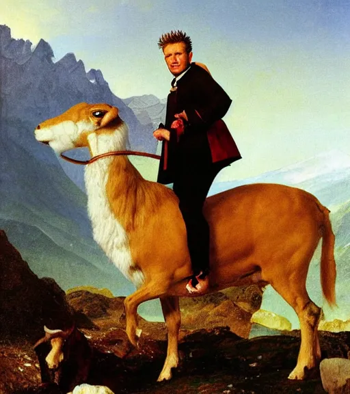 Image similar to gordon ramsay crossing the alps on a ram painting by paul delaroche