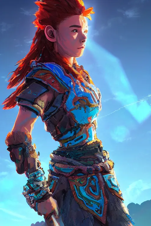 Image similar to combination suit armor aloy horizon forbidden west horizon zero dawn radiating a glowing aura global illumination ray tracing hdr fanart arstation by ian pesty and alena aenami artworks in 4 k tribal robot ninja mask helmet backpack