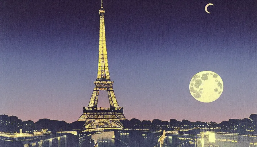 Image similar to eiffel tower under moonlight, by hasui kawase, silent, loneliness, cinematic composition