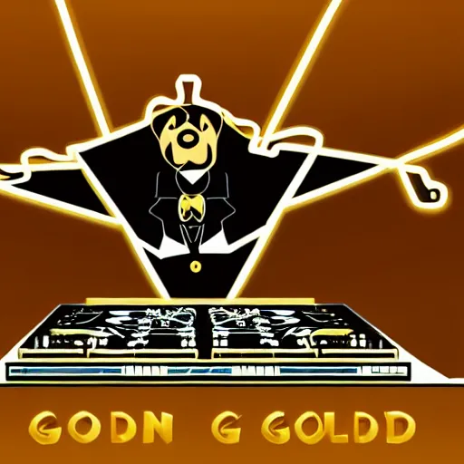 Image similar to a DJ golden Retriever playing at a nightclub, illustration