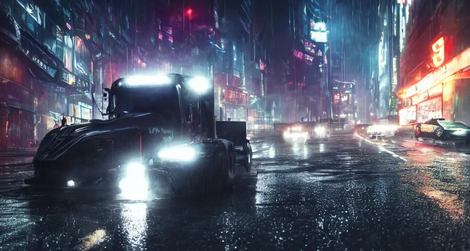 Image similar to closeup photo of combat tesla cybertruck flying over wet dystopian cyberpunk city streets at night, mad max, action, speed, volumetric lighting, hdr, need for speed, gta 5, forza, ridley scott, makoto shinkai, syd mead, craig mullins, cinematic, fast and furious, blade runner, octane, 8 k, iso 1 0 0, 1 2 mm