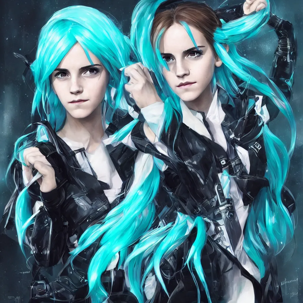 Prompt: emma watson as hatsune miku, she is wearing cyberpunk dress, character portrait. cinematic lightning, art by artgerm and tom bagshaw