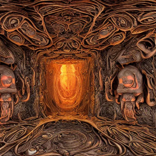 Image similar to a monstrous organic flesh room with intricate folds and grotesque textures, cube shaped room, highly detailed, alien technology, 4 k, 8 k, oil on canvas