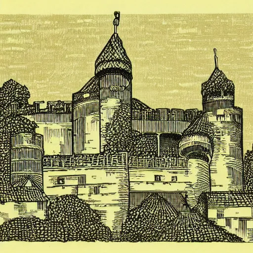 Prompt: Chambéry castle woodblock print