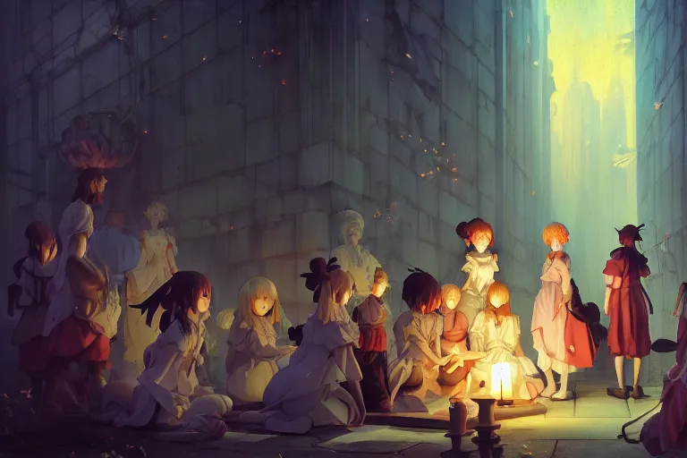 Image similar to baroque oil painting of anime key visual environment concept art of anime maid girl cult summoning gathering sacrifice, brutalist, dark fantasy, rule of thirds, fake hidden detail, trending on pixiv fanbox, acrylic palette knife and brush, style of makoto shinkai studio ghibli genshin impact jamie wyeth james gilleard greg rutkowski