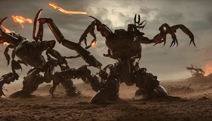 Prompt: big budget movie scene featuring a giant robot scorpion fighting a giant mutant crab