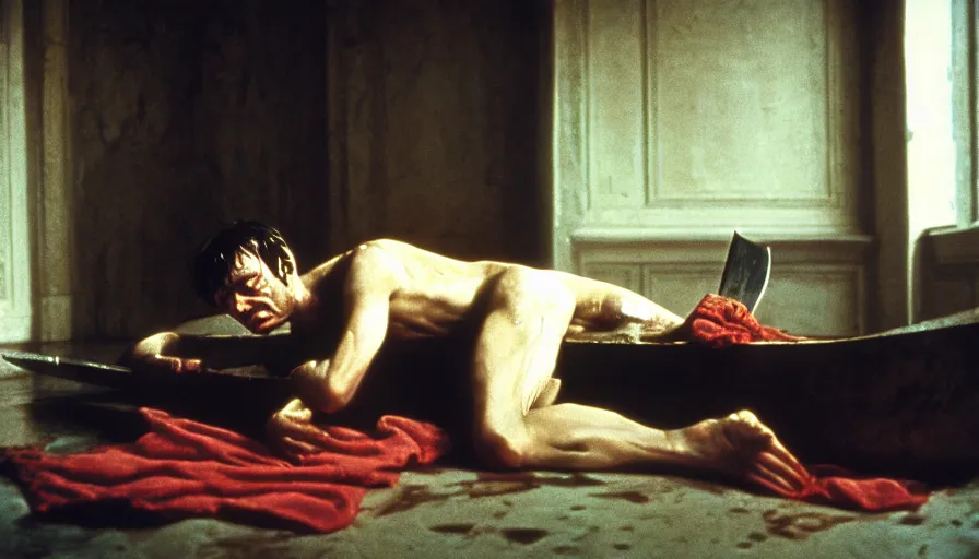 Prompt: 1 9 6 0 s movie still by tarkovsky of jean - paul marat a long knife stab his chest in a neoclassical bath full of blood, cinestill 8 0 0 t 3 5 mm, high quality, heavy grain, high detail, panoramic, cinematic composition, dramatic light, anamorphic, raphael style, piranesi style