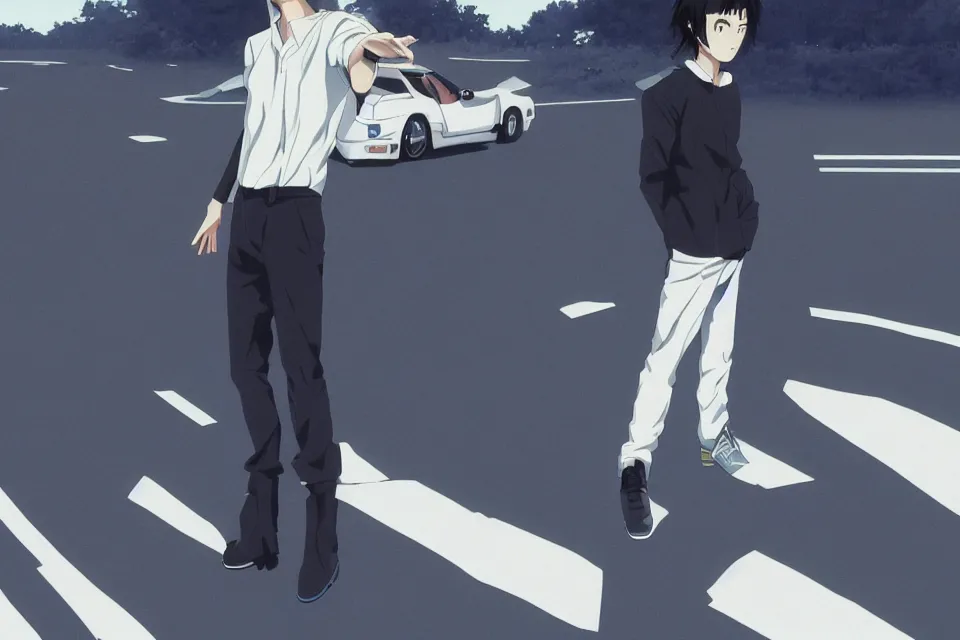 Image similar to aesthetic portrait illustration of ryosuke takahashi with black hair, dark blue shirt and white pants, standing by his white glossy mazda rx 7 on an empty highway at sunrise, cinematic lighting, initial d anime 1 0 8 0 p, 9 0 s anime aesthetic, volumetric lights, rule of thirds, unreal engine 5 render, pinterest wallpaper, trending on artstation