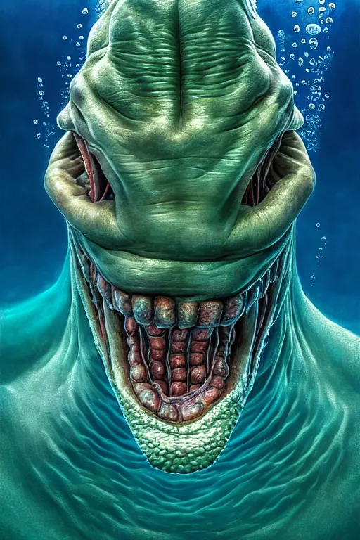 Image similar to hyperrealistic close-up surrealism underwater monster! highly detailed concept art eric zener elson peter cinematic hard green lighting high angle hd 8k sharp shallow depth of field, inspired by David Paul Cronenberg and Zdzisław Beksiński