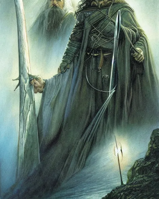 Prompt: the cover art by john howe for the 3 6 th edition of lord of the rings