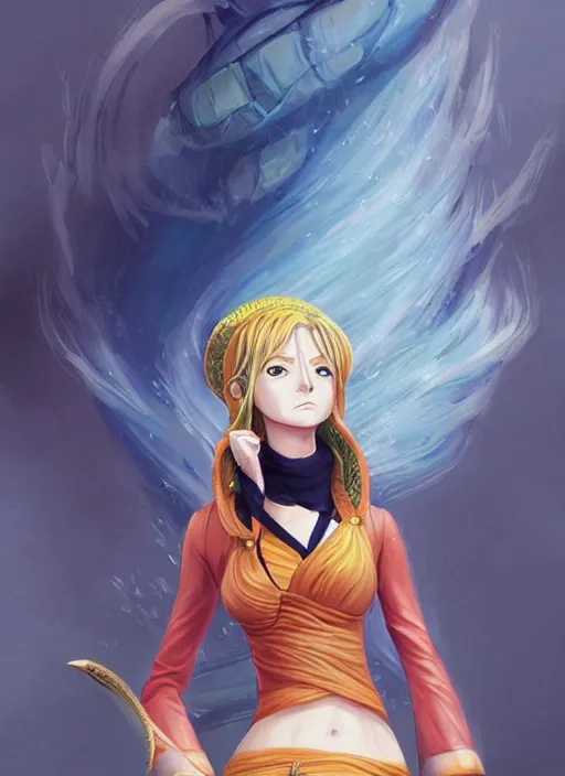 Prompt: a portrait of Nami from One Piece if she was real, wearing a traditional kunoichi dress, intricate, highly detailed, digital painting, artstation, concept art, smooth, sharp focus, illustration, art by Charlie Bowater and Gustave Baumann, matte painting