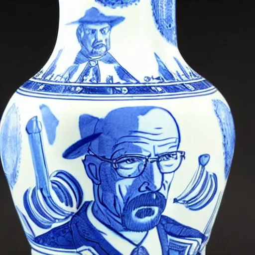 Image similar to a delft blue vase with walter white making meth depicted on it