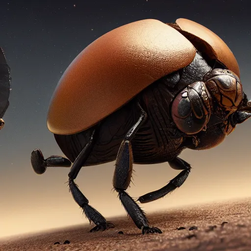 Image similar to a dung beetle pushing the earth up a hill, ultra realistic, concept art, intricate details, highly detailed, photorealistic, octane render, 8 k, unreal engine. art by boris vallejo