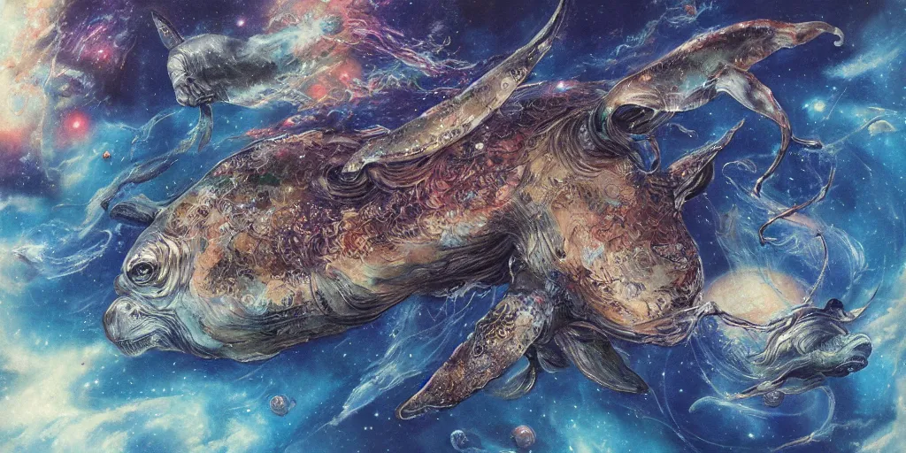 Image similar to detailed painting of aquatic animals swimming in space, whales, turtles, sting rays, colorful nebulas, planets, in the style of ayami kojima, artem demura